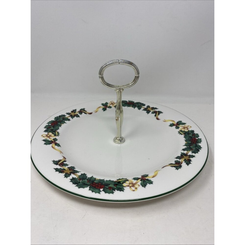 Royal Vale Christmas Holly Stars & Ribbons Handled Serving Tidbit Cookie Plate